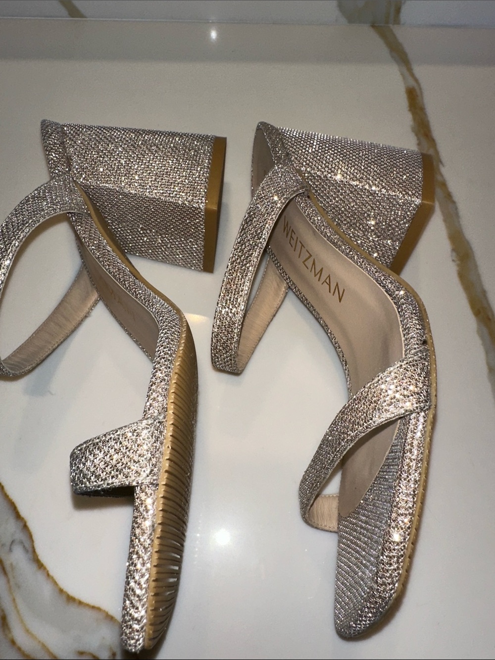 New Stuart Weitzman Glitter Strappy Mid Block Heel Sandals in Silver. Size 8B. - Picture 5 of 9